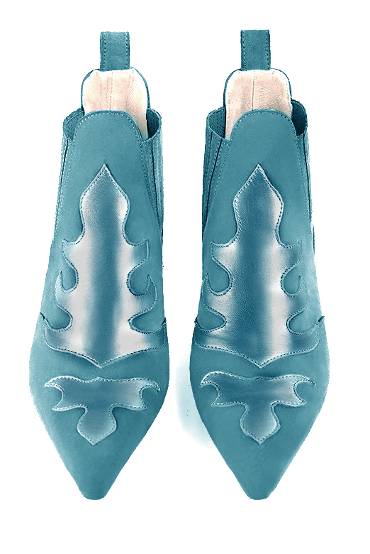 Peacock blue women's ankle boots, with elastics. Pointed toe. Low cone heels. Top view - Florence KOOIJMAN